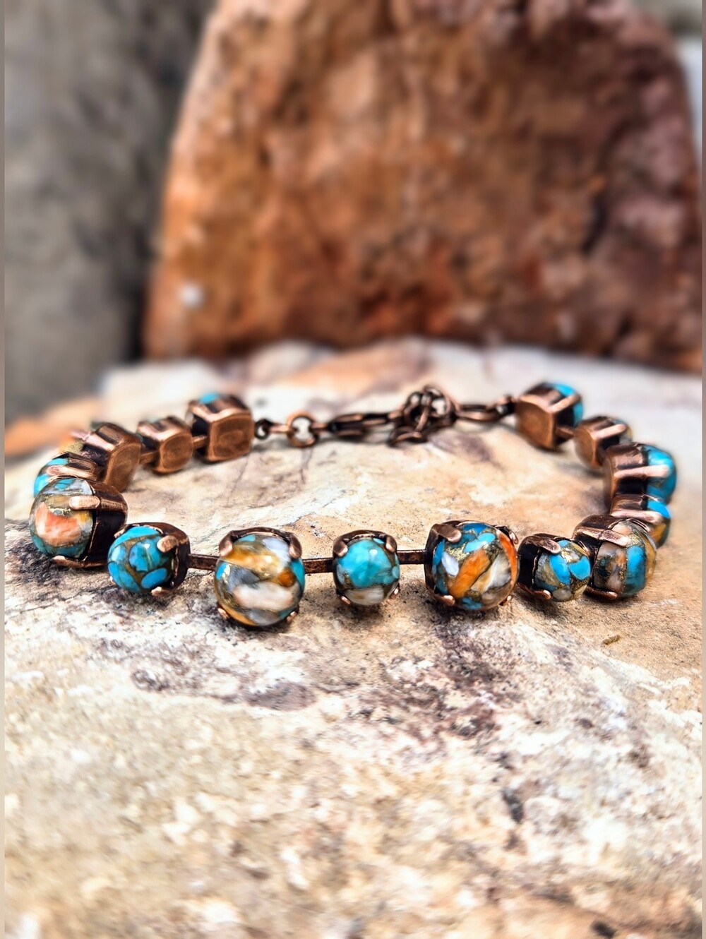 Genuine Turquoise & Spiny Oyster Copper In Artisan Antique Copper Bracelet